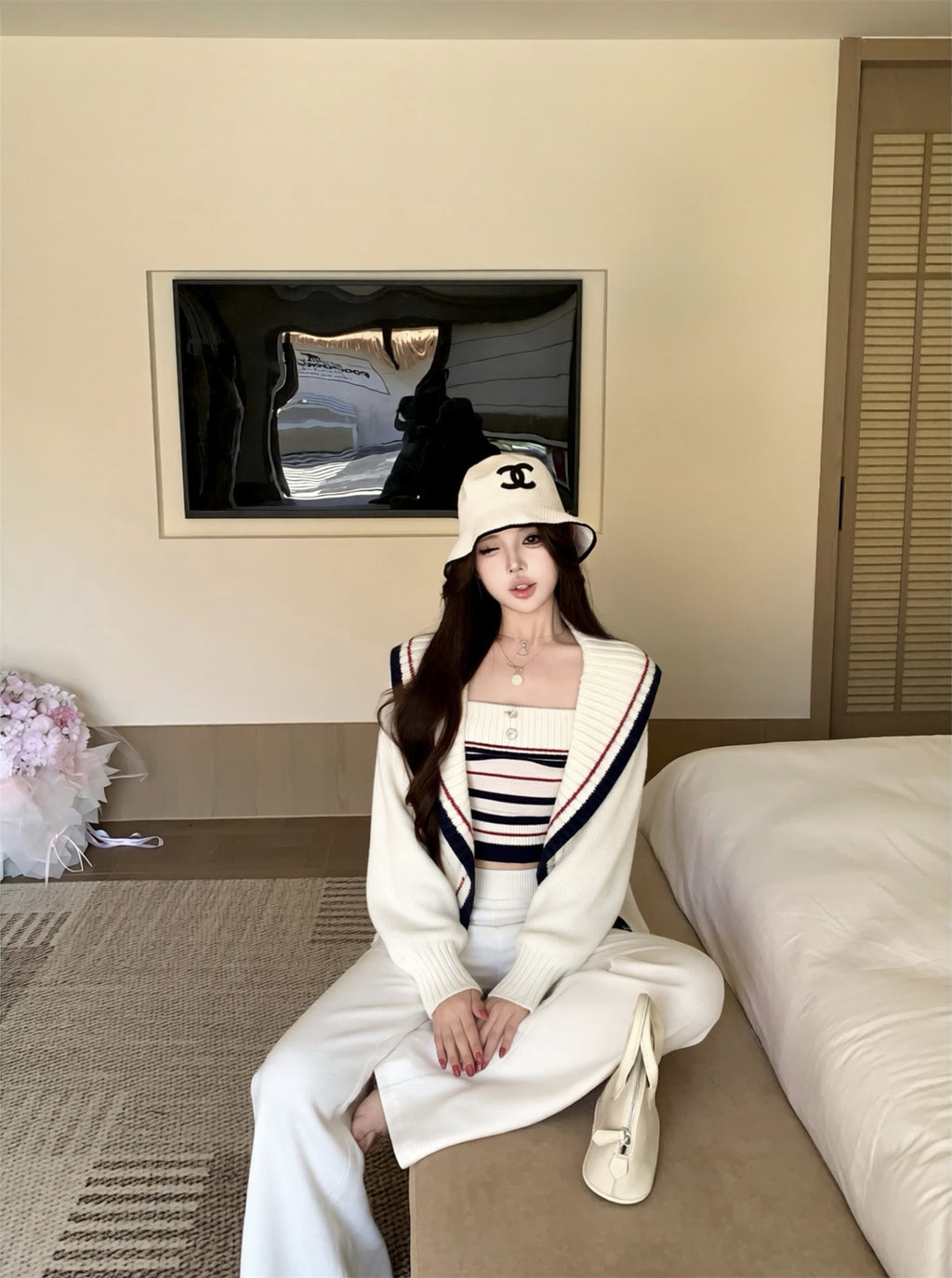 💕休閒慵懶條紋大翻領針織背心三件套