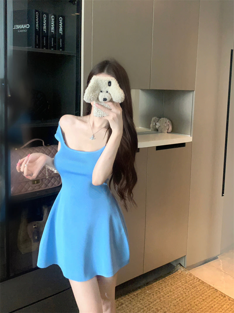 💕夏季法式方領針織連衣包臀短裙