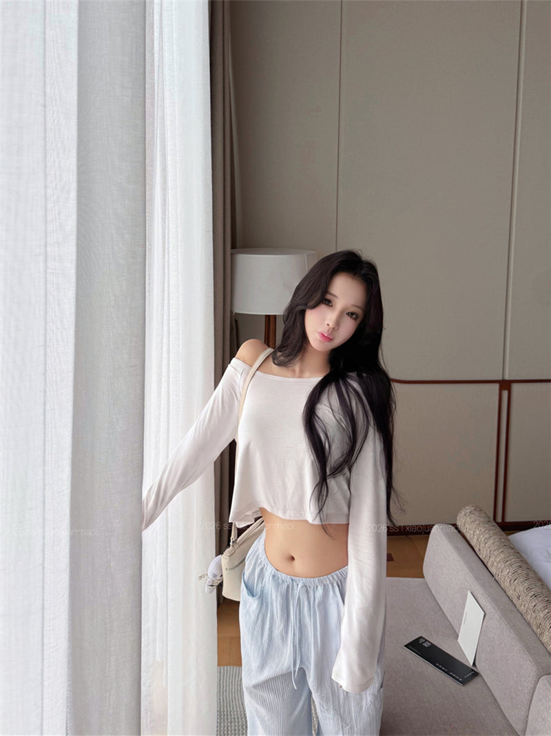 💕溫柔懶人斜肩長袖短款露臍上衣&條紋寬褲兩件套