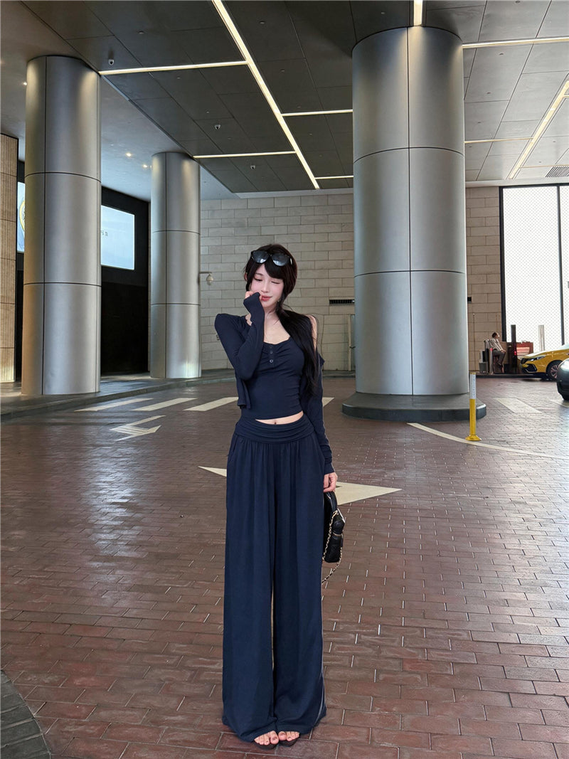 💕秋季復古性感蕾絲掛脖吊帶闊腿長褲套裝