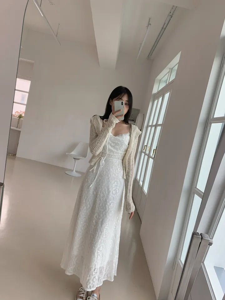 💕ihs系溫柔蕾絲性感露背鬆緊系帶收腰吊帶長裙