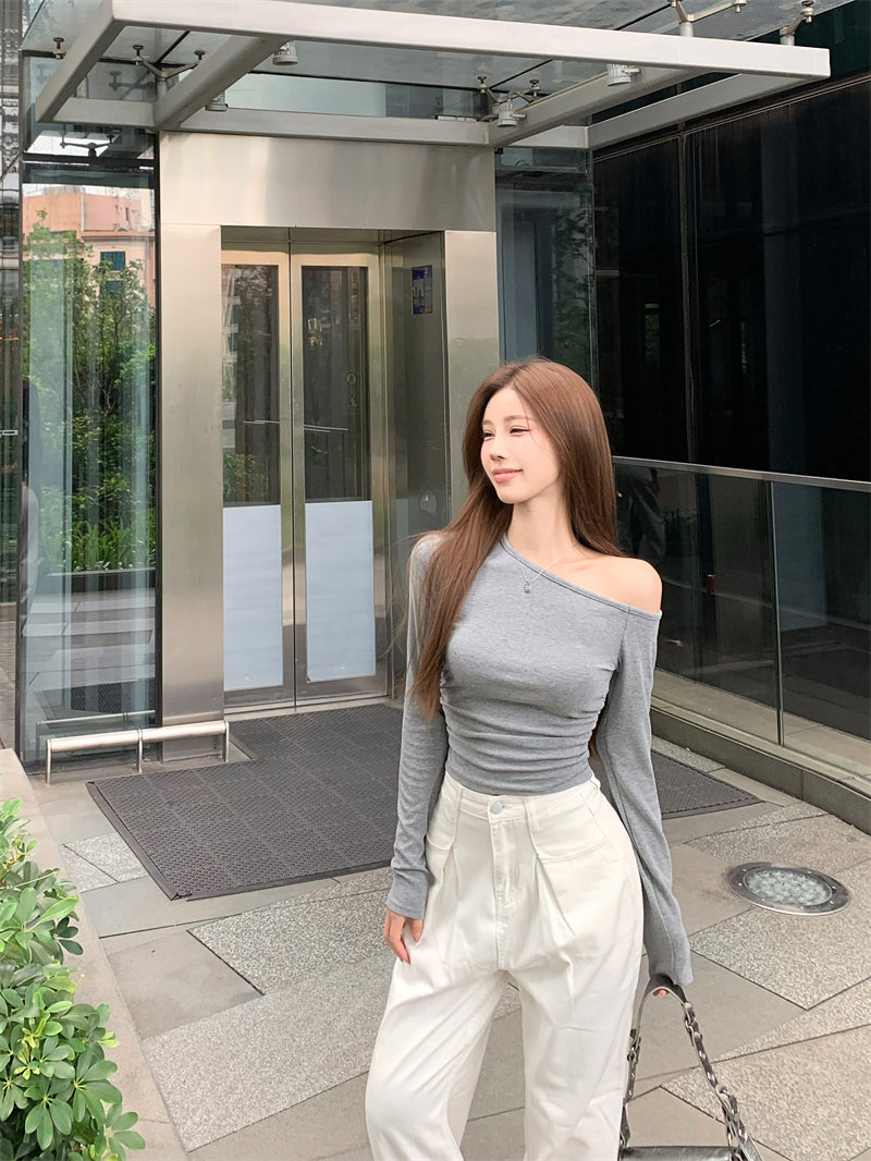 💕簡約通勤絕美基礎款斜肩磨毛上衣