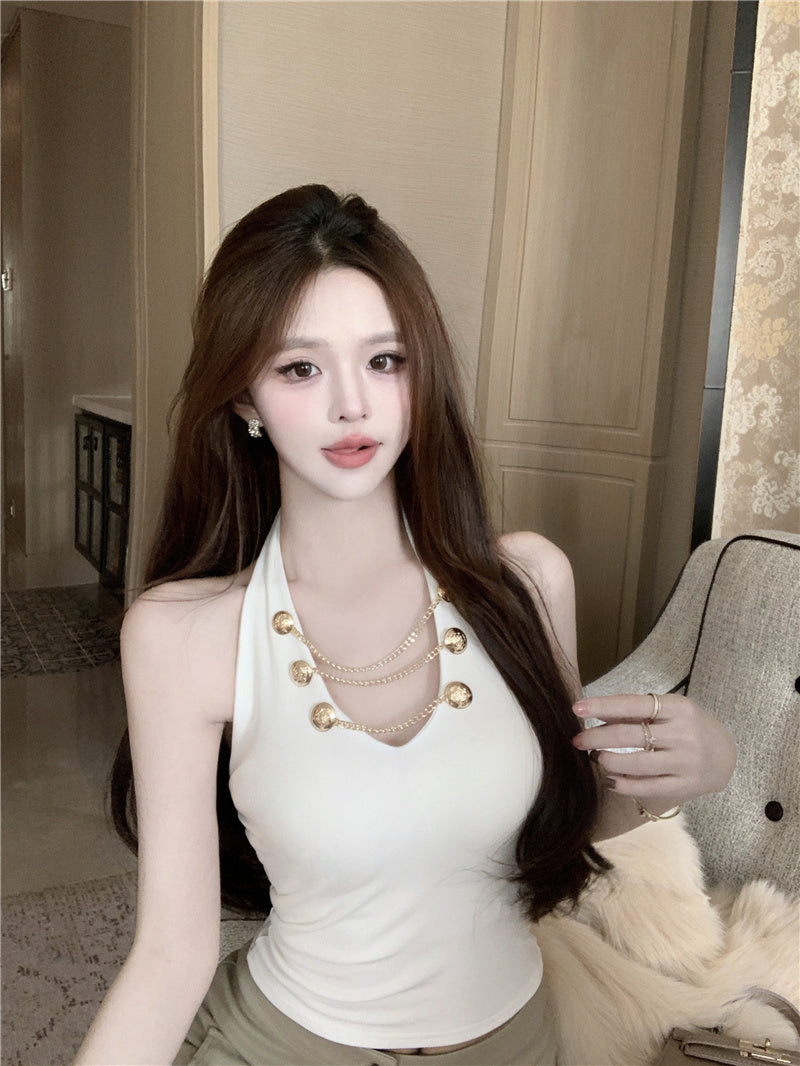 💕V領掛脖吊帶短版絕美上衣