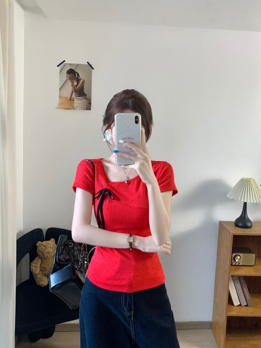 💕簡約百搭休閒帶胸墊蝴蝶結點點正肩上衣