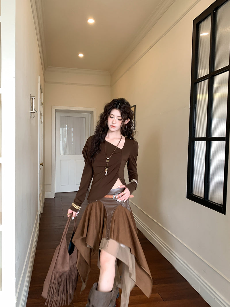 💕chic復古不規則斜領長袖短款不對襯上衣