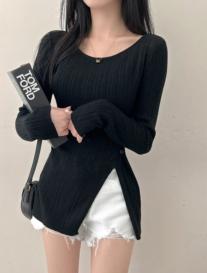 💕韓系春秋顯瘦設計感收腰開衩長袖上衣