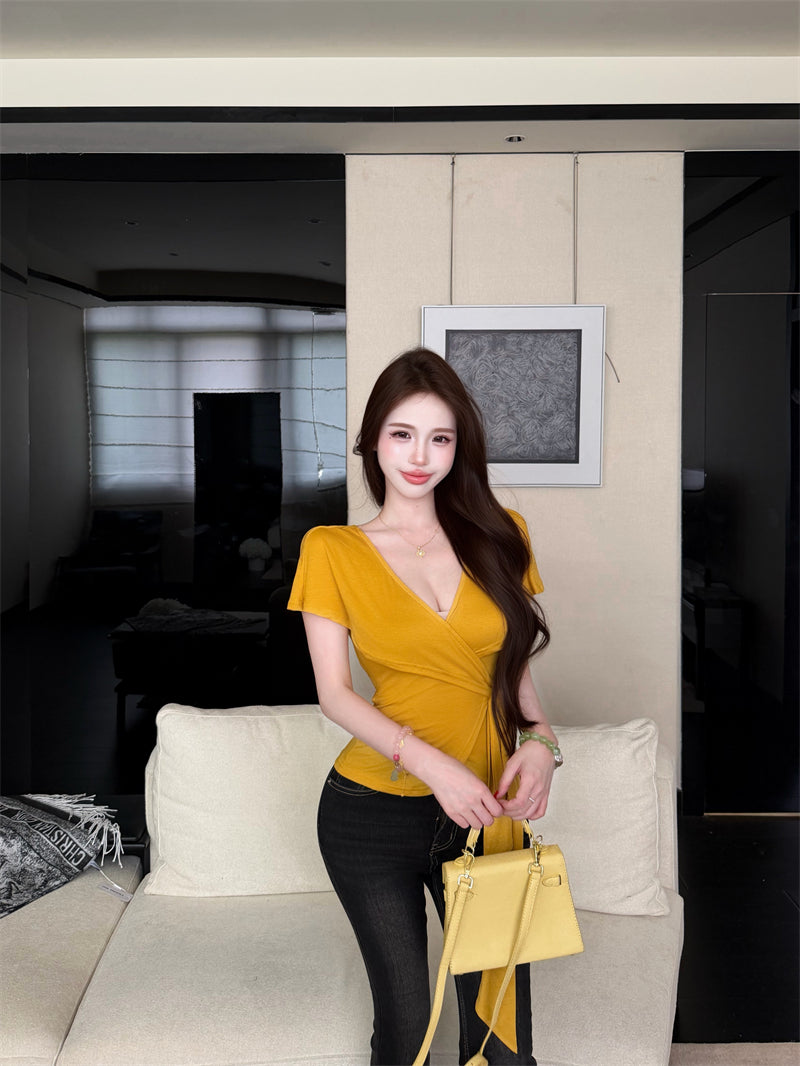 💕氣質優雅交叉V領綁帶T袖上衣