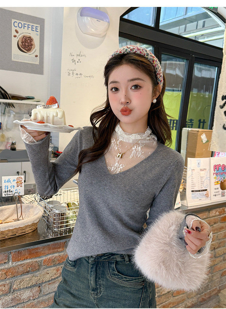 💕白色V領假兩件蕾絲打底衫上衣