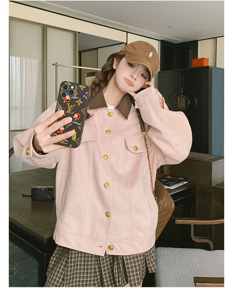 💕韓系甜美溫柔粉色麂皮絨短款休閒夾克外套