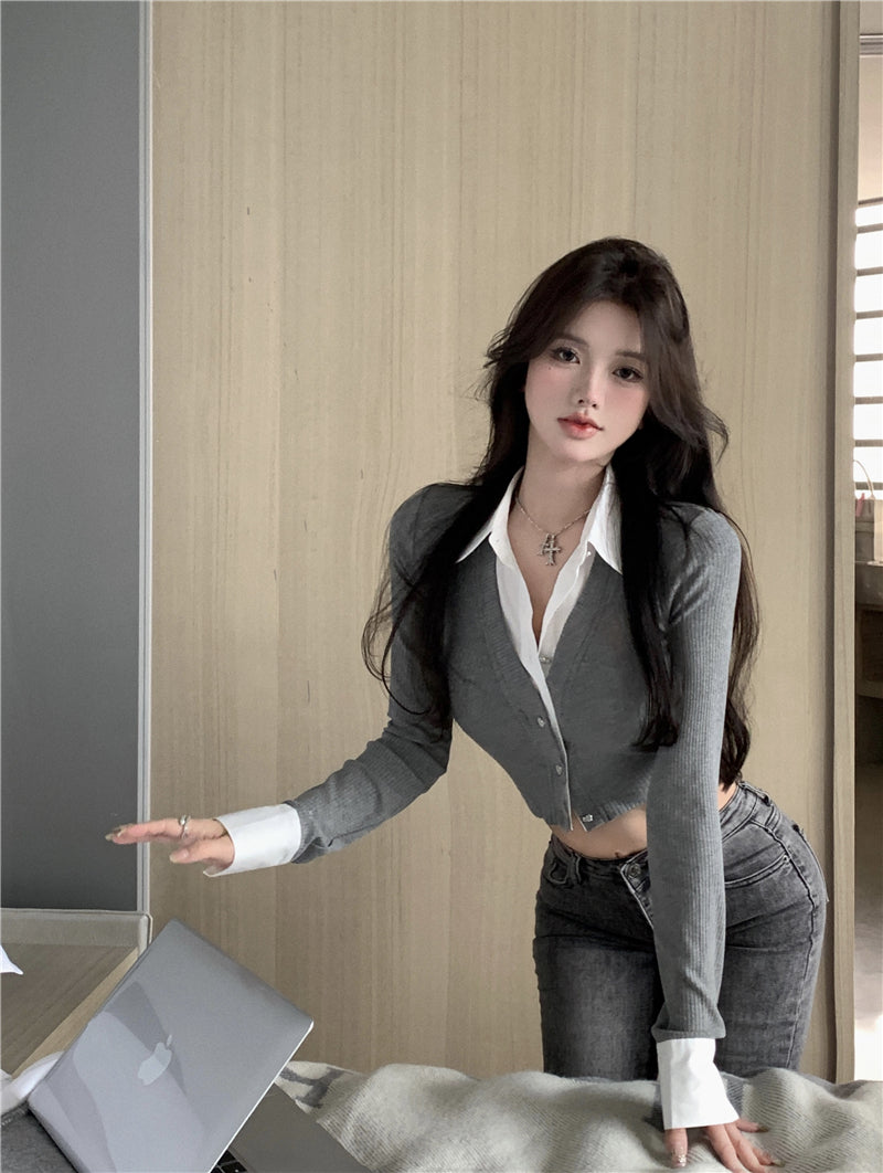 💕純御辣妹修身短款黑色假兩件長袖襯衫