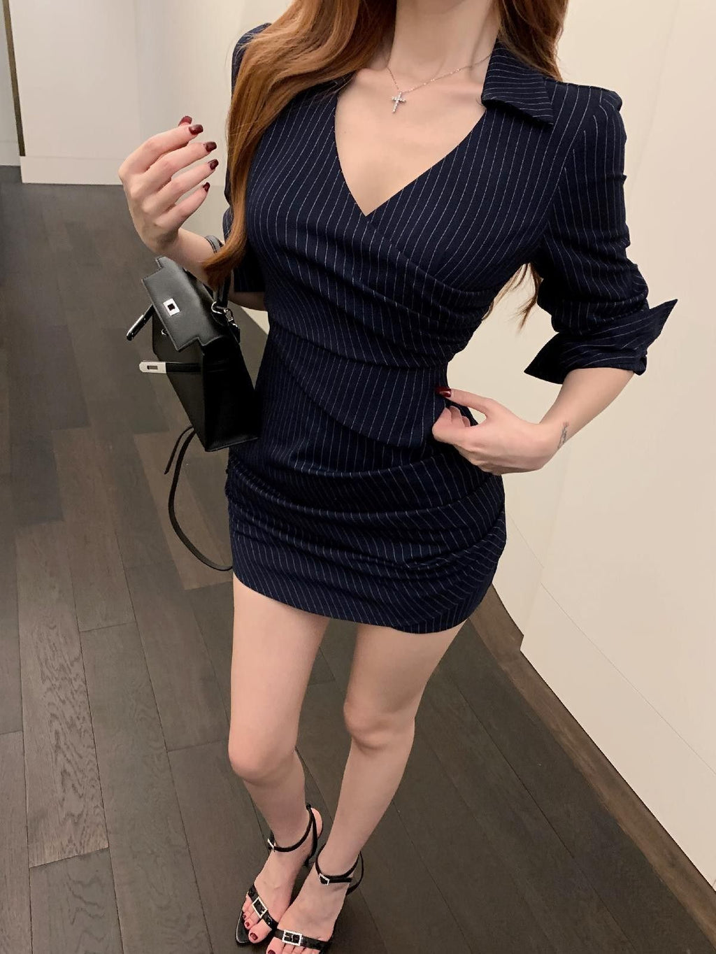 💕高級性感法式條紋V領長袖襯衫連衣裙