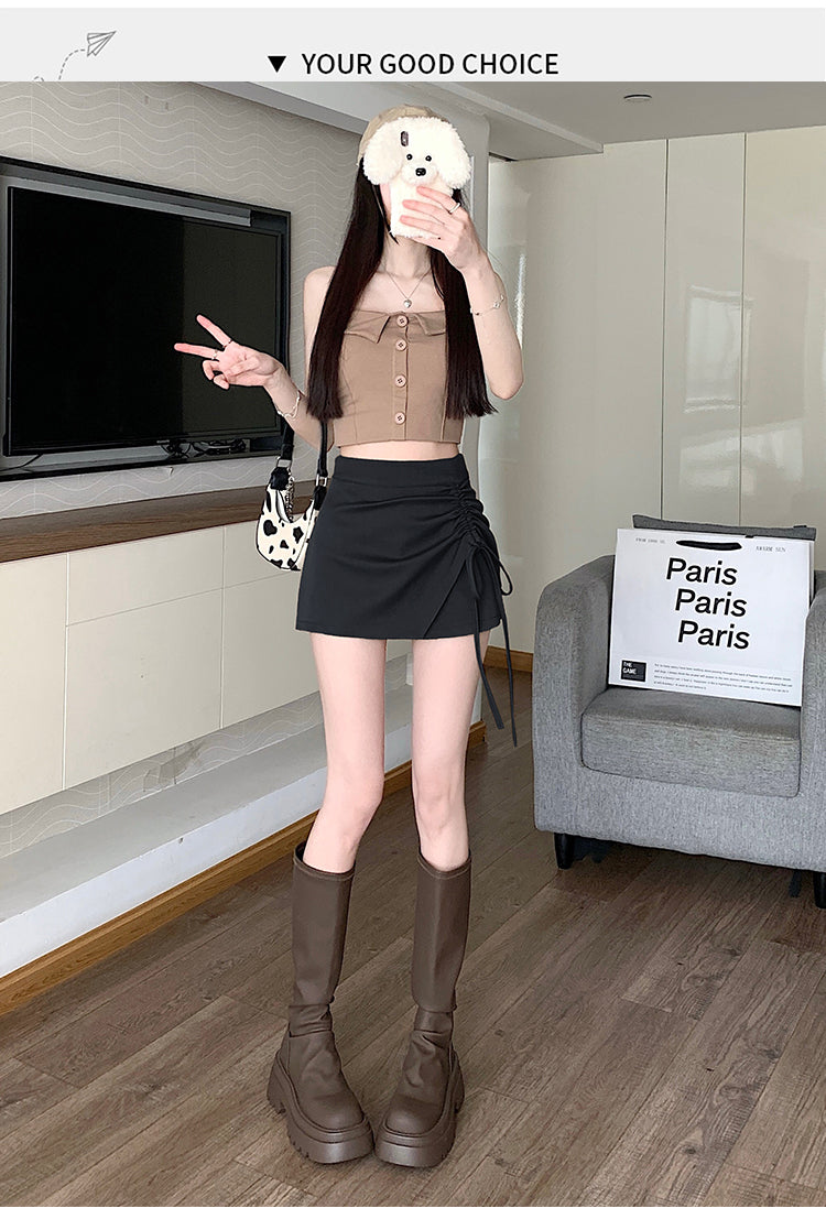 💕春夏西裝面料垂感抽繩高腰短裙