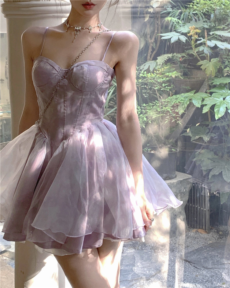 💕夏季多巴胺扎染泡泡袖公主澎澎裙