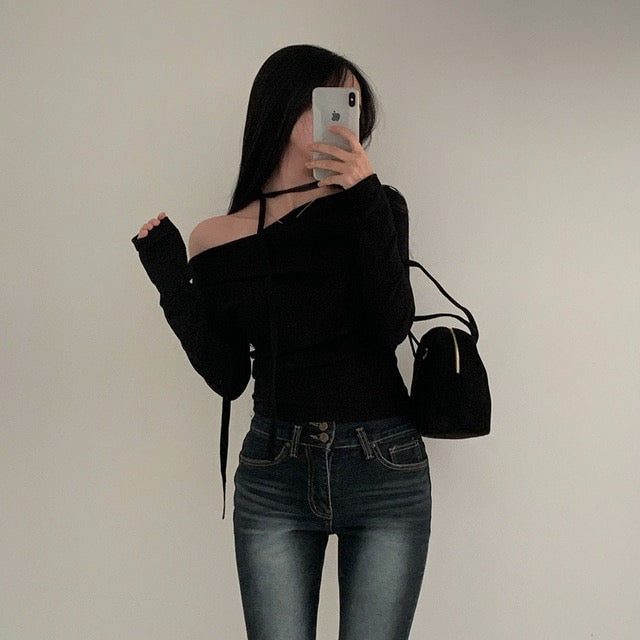 💕溫柔春秋純欲露肩+飄帶顯瘦法式上衣