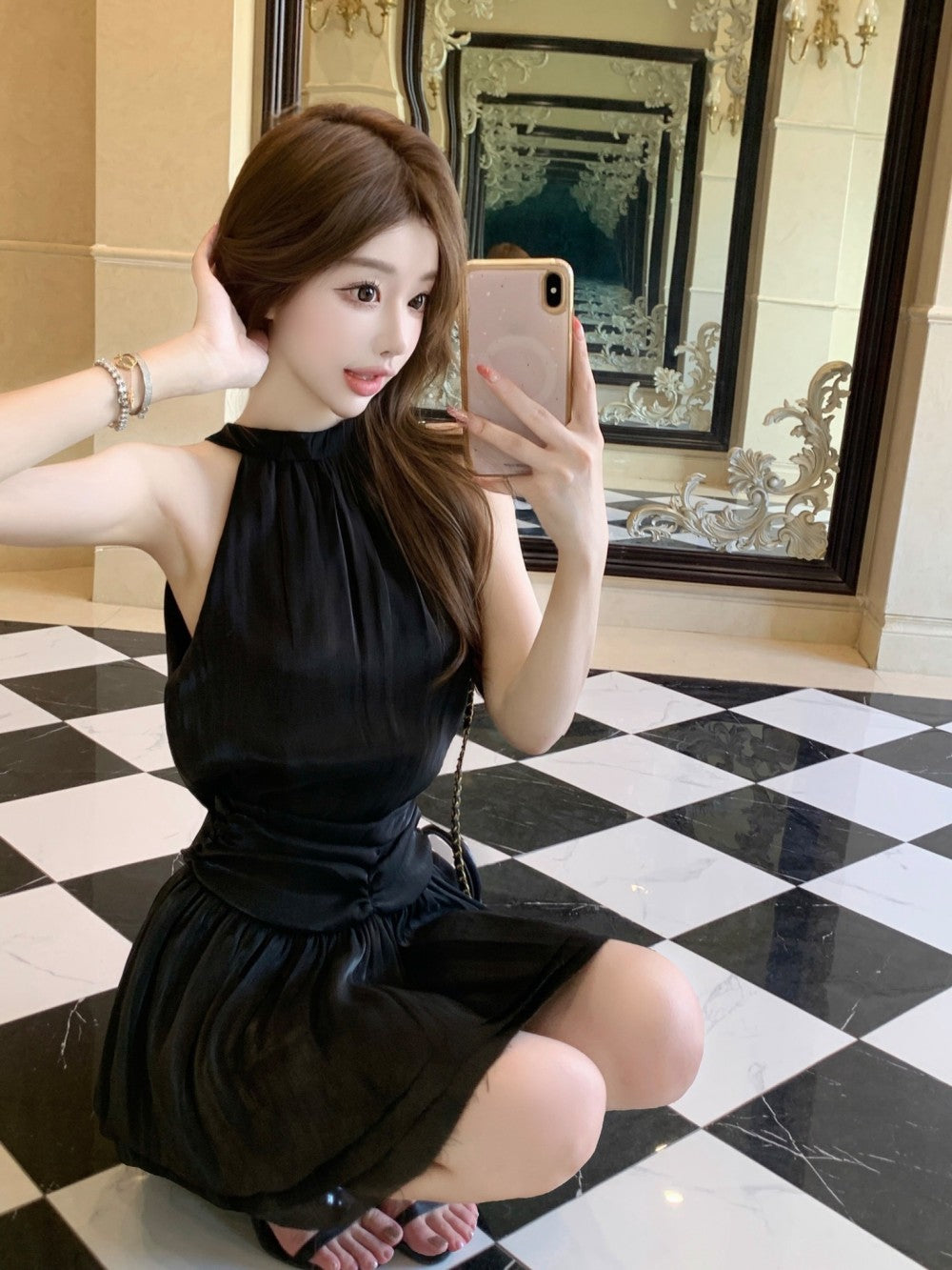 💕法式溫柔無袖掛脖連衣裙