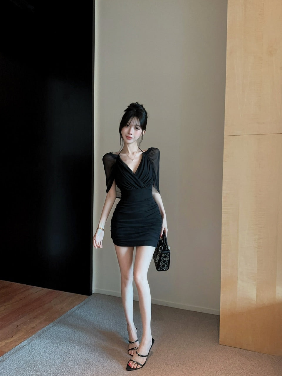 💕約會性感網紗綁帶包臀假兩件連身裙