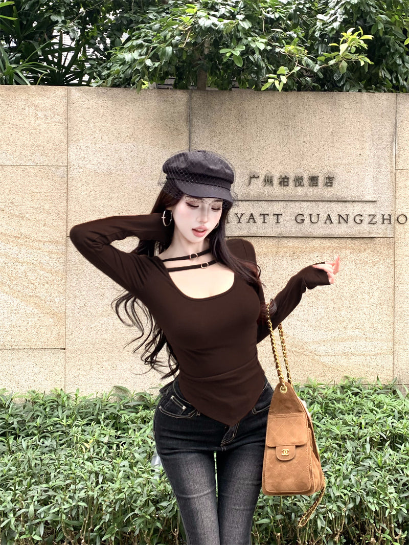 💕氣質設計感褶皺雙條扣低胸上衣