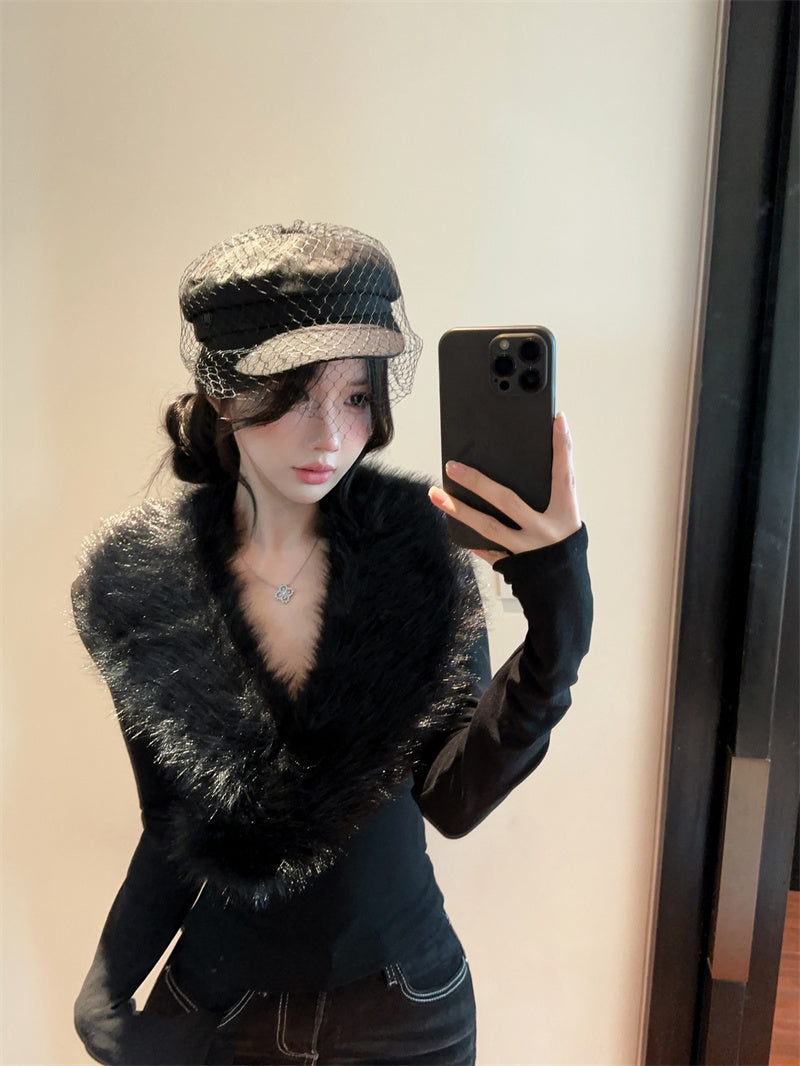 💕純欲辣妹毛領拼接V領長袖修身上衣