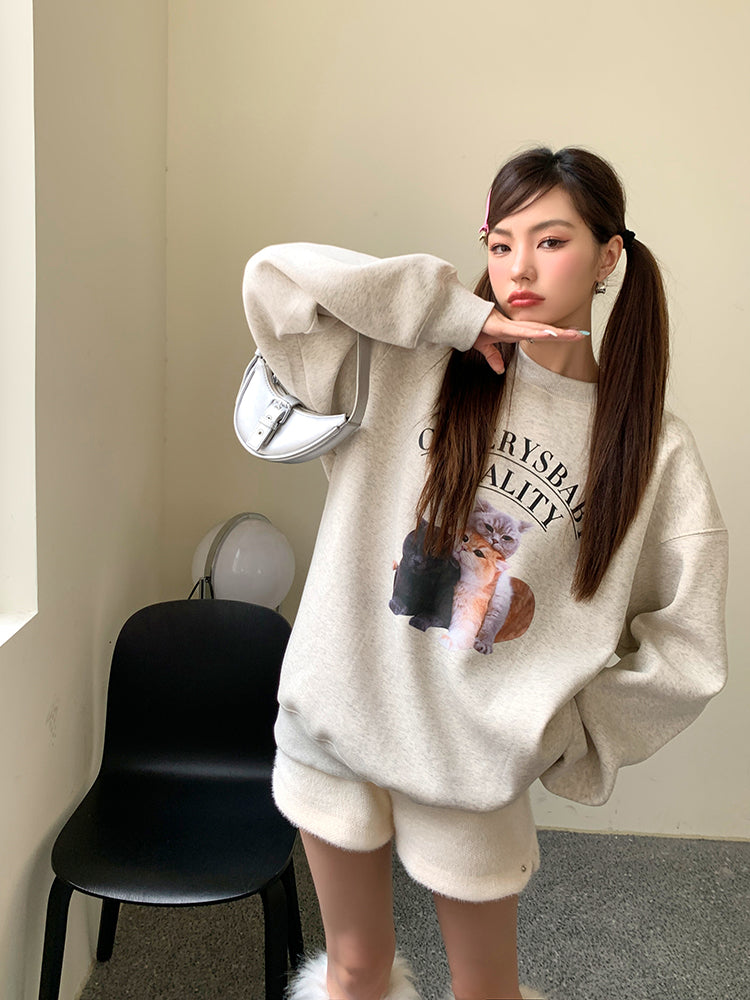 💕秋冬可愛貓咪疊疊樂印花圓領長袖上衣