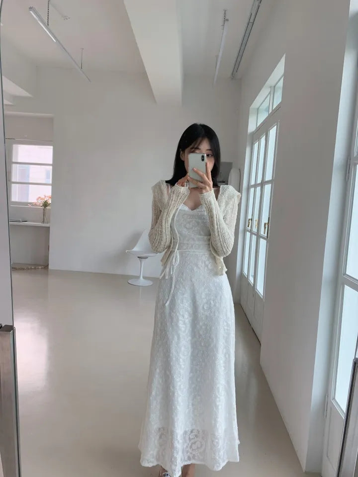 💕ihs系溫柔蕾絲性感露背鬆緊系帶收腰吊帶長裙