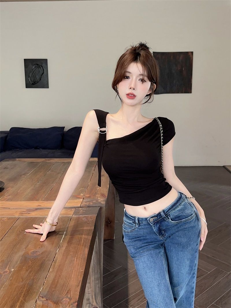 💕不規則斜領露肩露臍短袖上衣
