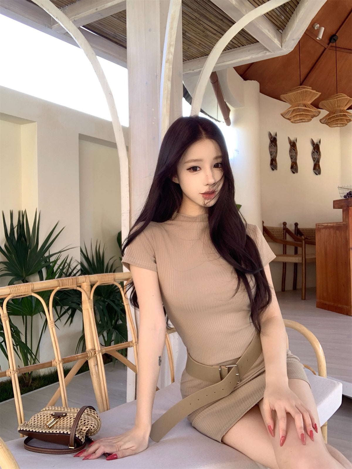 💕韓系法式高級感半高領短袖連衣裙