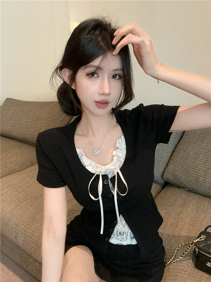 💕高級感假兩件短袖拼接蕾絲上衣