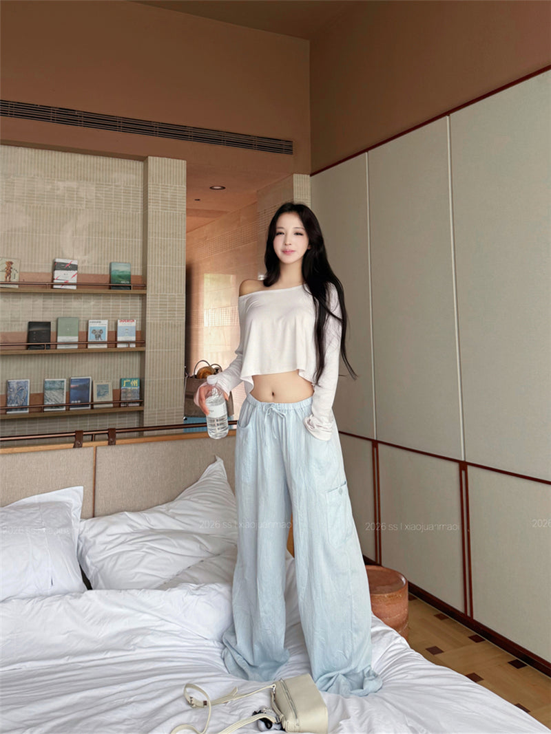 💕溫柔懶人斜肩長袖短款露臍上衣&條紋寬褲兩件套