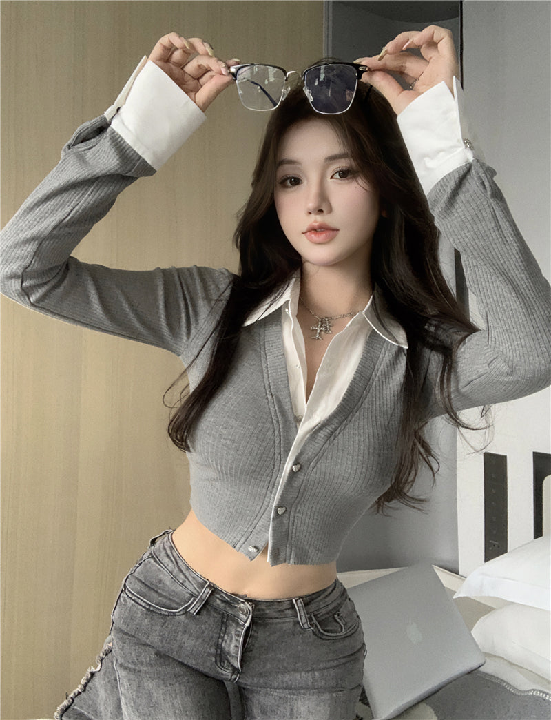💕純御辣妹修身短款黑色假兩件長袖襯衫