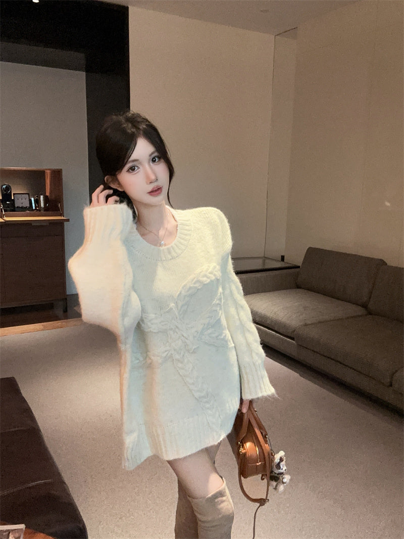 💕復古慵懶高級感軟糯蝴蝶結圓領上衣