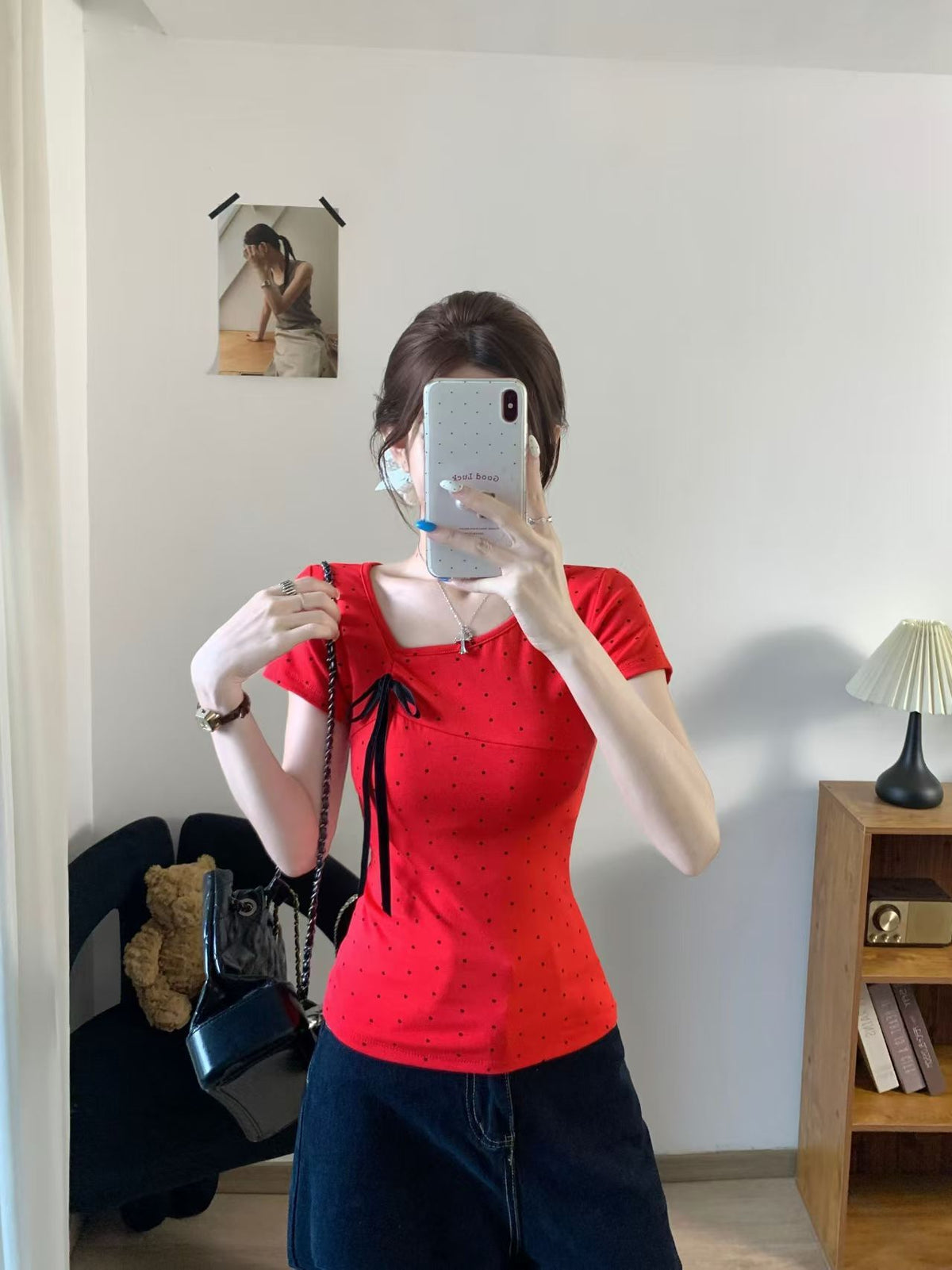💕簡約百搭休閒帶胸墊蝴蝶結點點正肩上衣