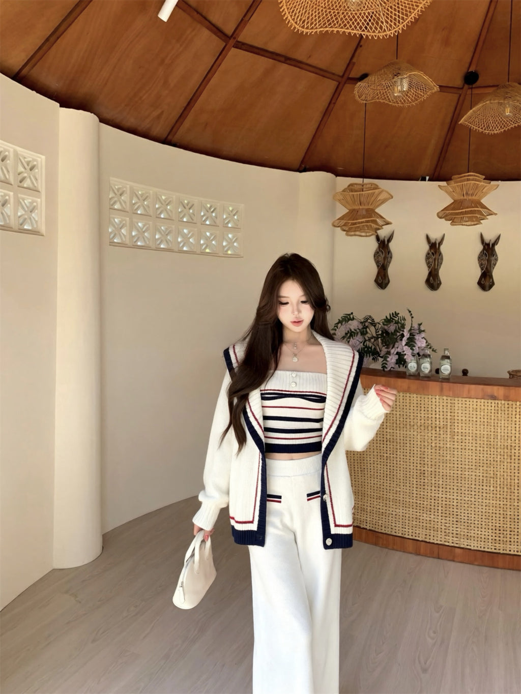 💕休閒慵懶條紋大翻領針織背心三件套