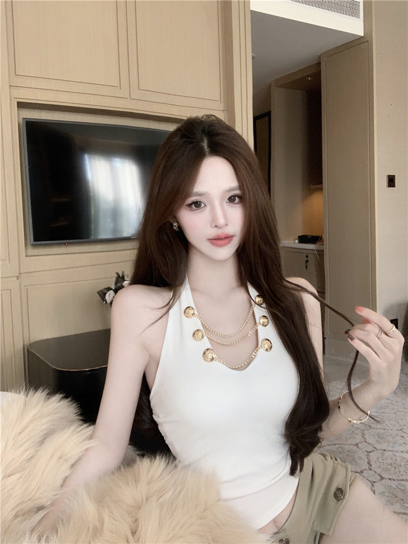 💕V領掛脖吊帶短版絕美上衣