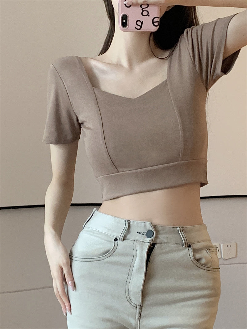 💕方領百搭露鎖骨顯瘦短版露臍上衣