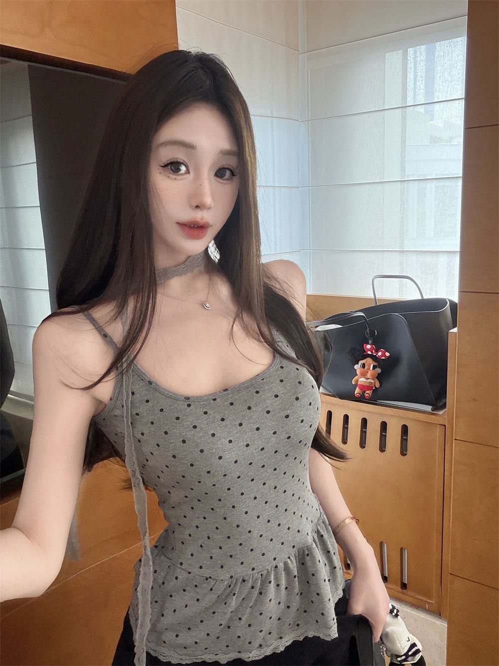 💕帶胸墊純欲交叉吊帶美背點點顯瘦修身上衣