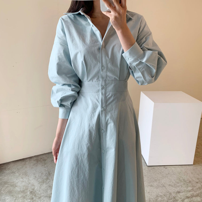 💕chic通勤簡約法式收腰顯瘦襯衫連身長裙