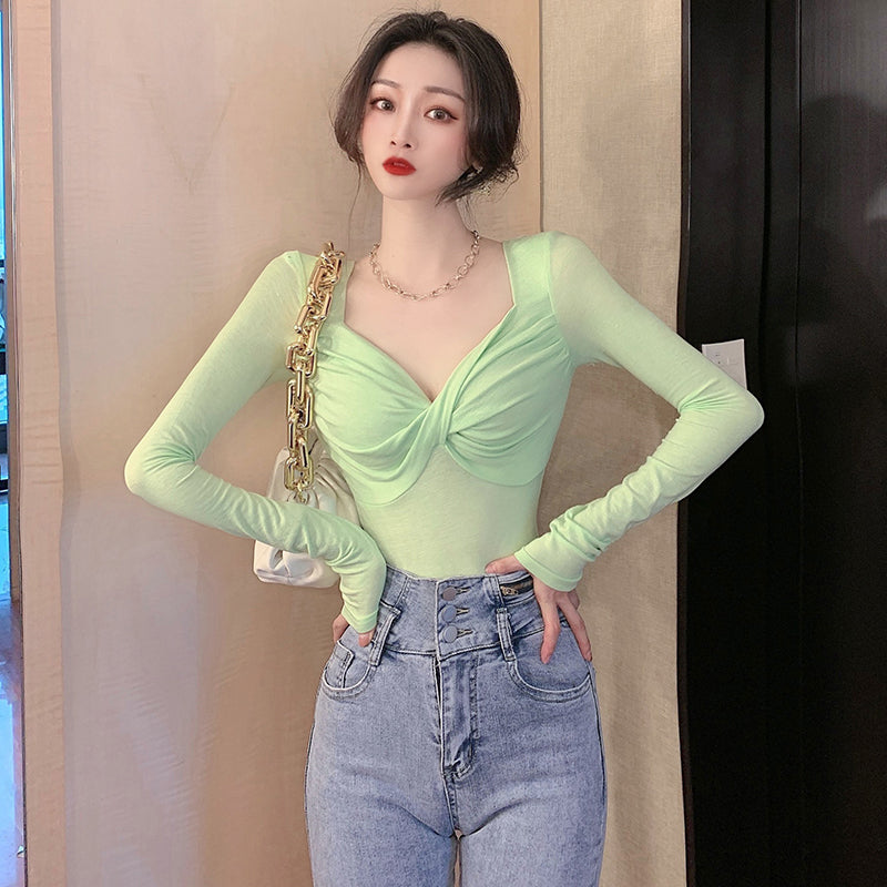 💕長袖V領扭結顯瘦打底衫上衣