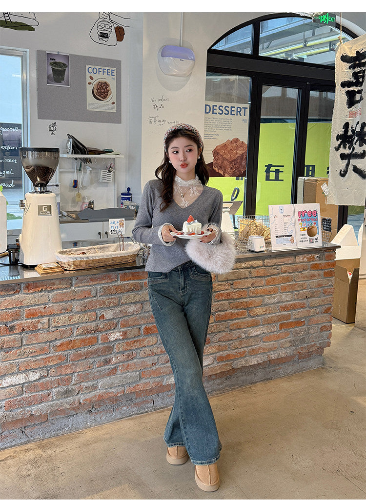 💕白色V領假兩件蕾絲打底衫上衣
