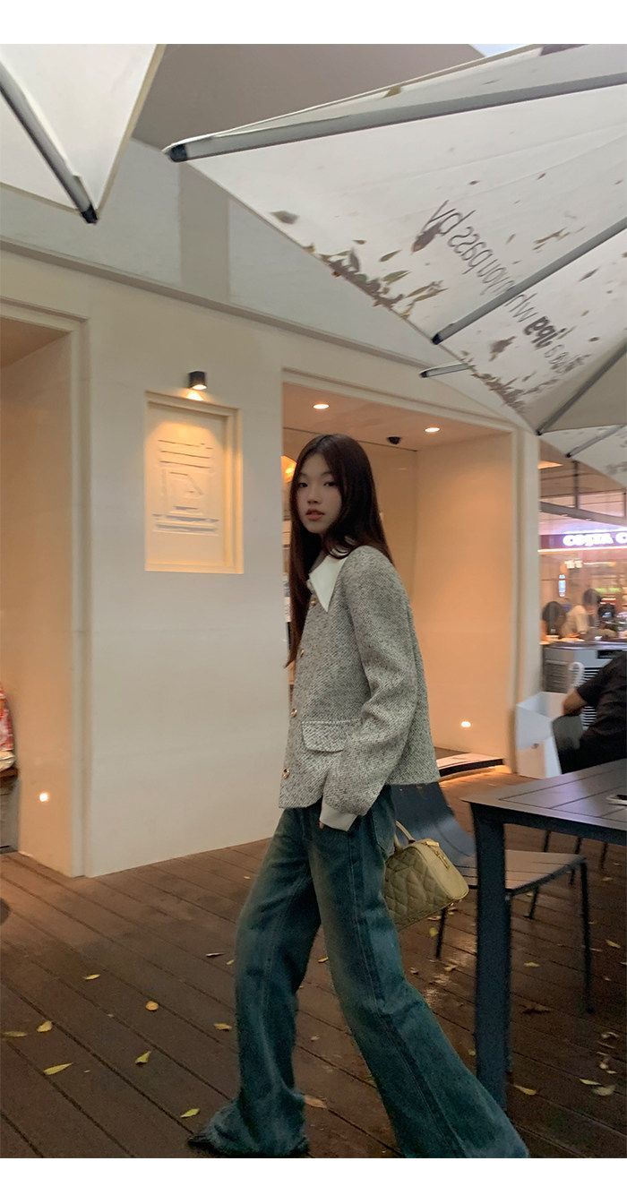 💕韓系秋冬假兩件拼接小香風加墊肩外套
