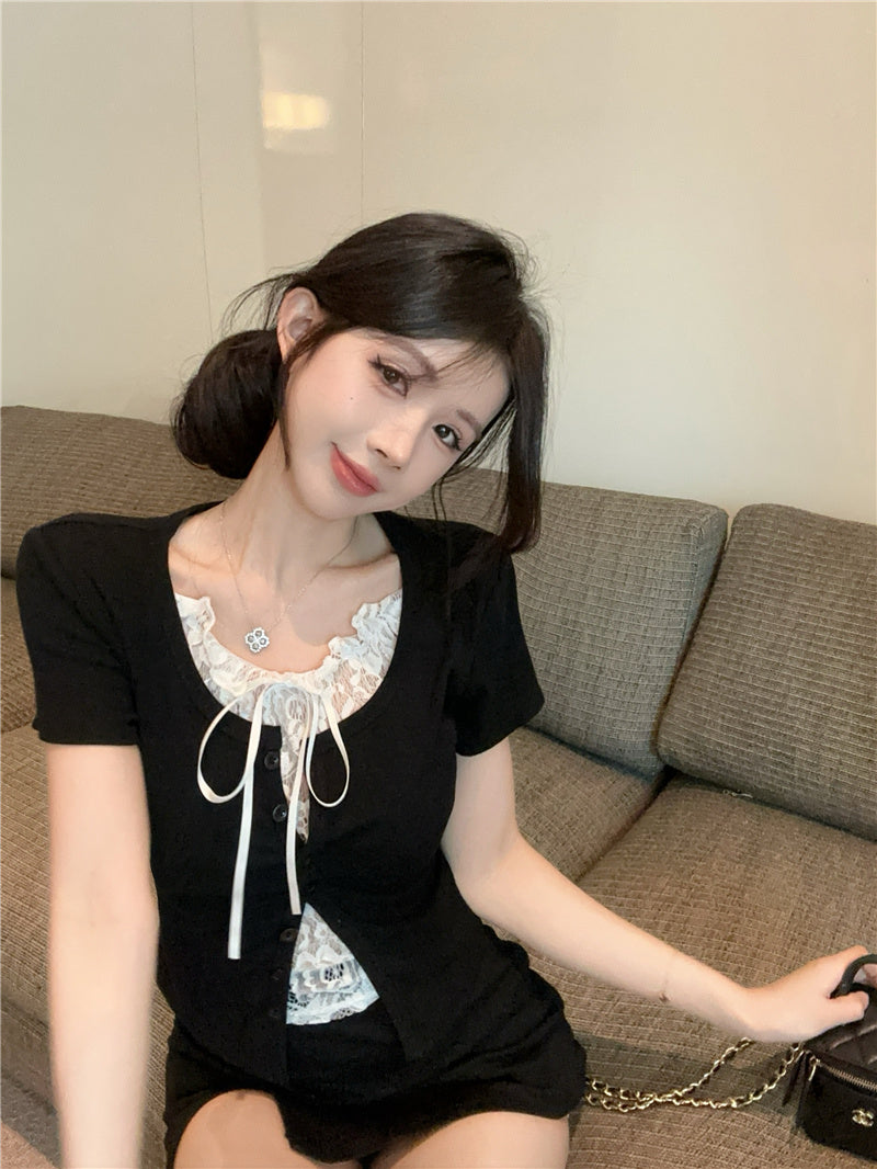 💕高級感假兩件短袖拼接蕾絲上衣
