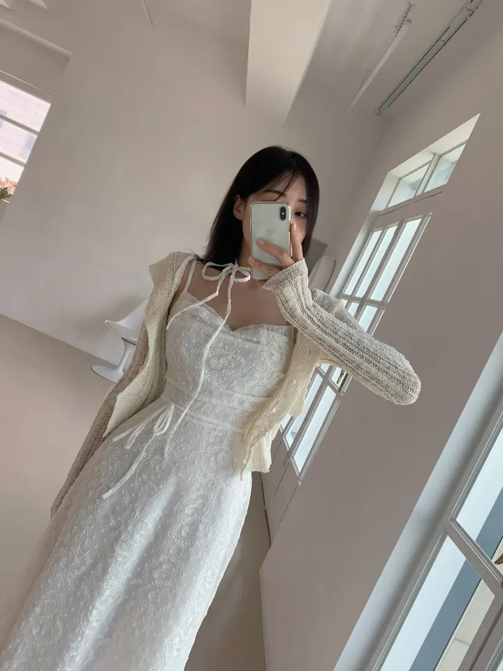 💕ihs系溫柔蕾絲性感露背鬆緊系帶收腰吊帶長裙