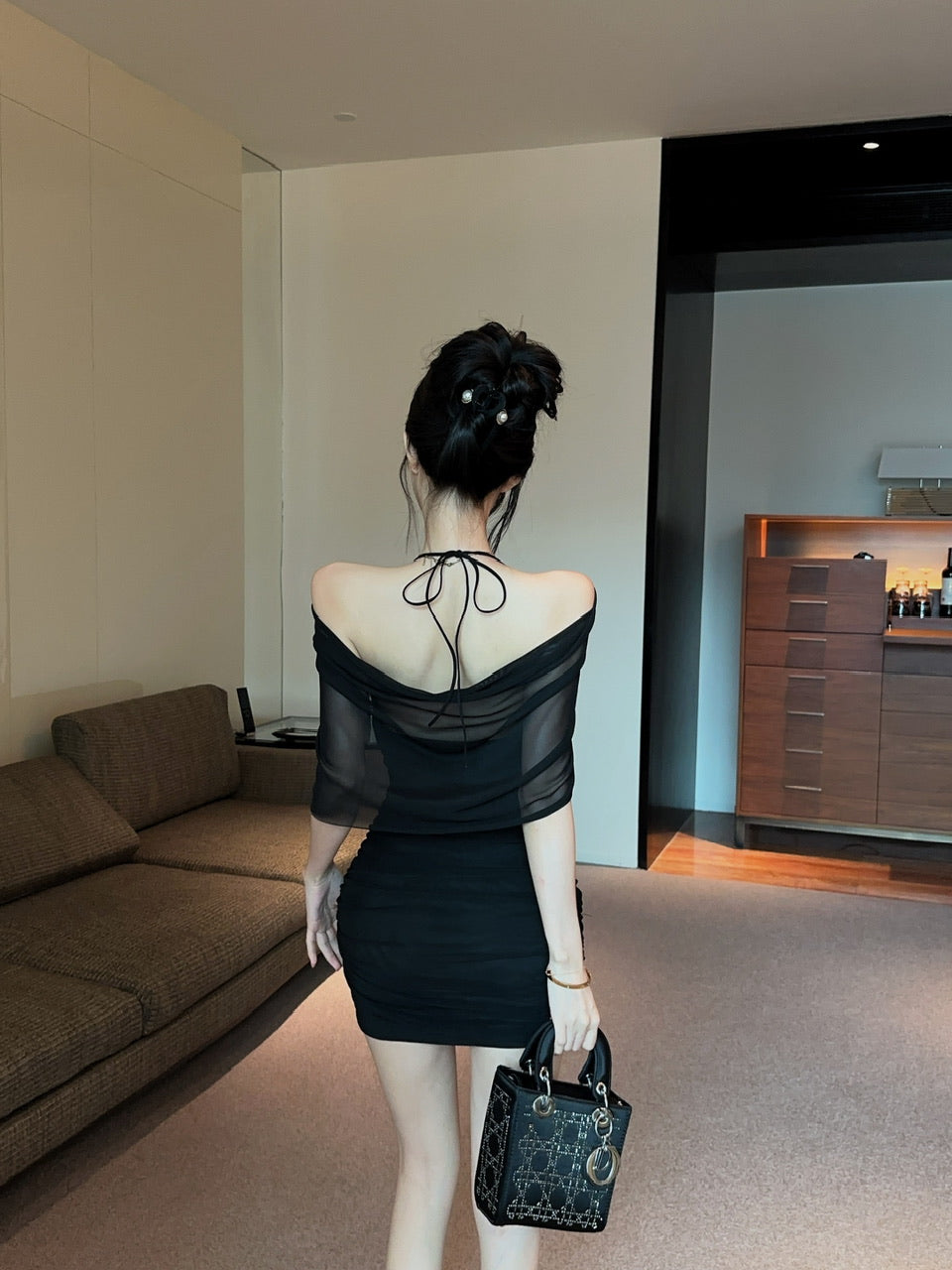 💕約會性感網紗綁帶包臀假兩件連身裙