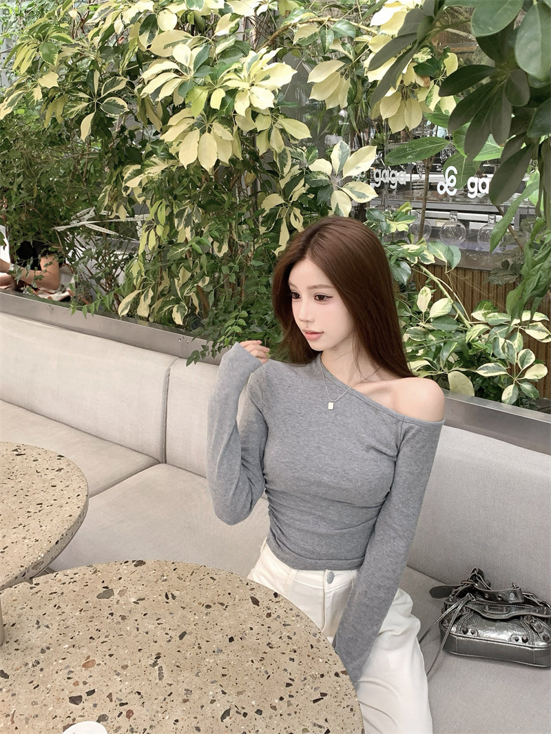 💕簡約通勤絕美基礎款斜肩磨毛上衣