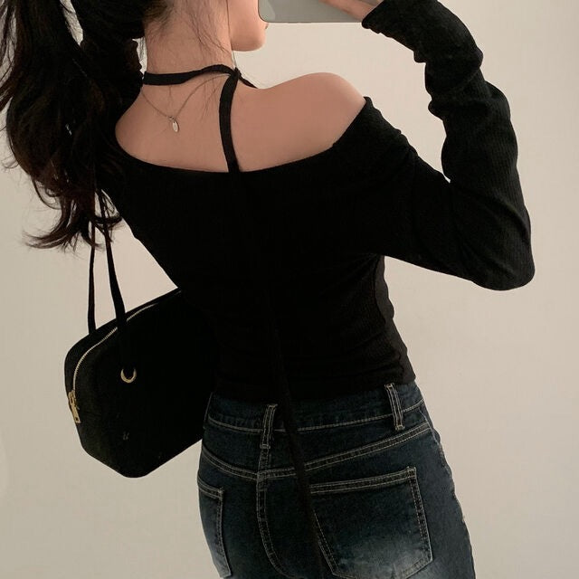 💕溫柔春秋純欲露肩+飄帶顯瘦法式上衣