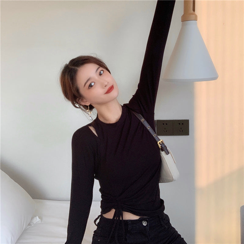 💕純色百搭鏤空側邊抽繩彈力打底上衣