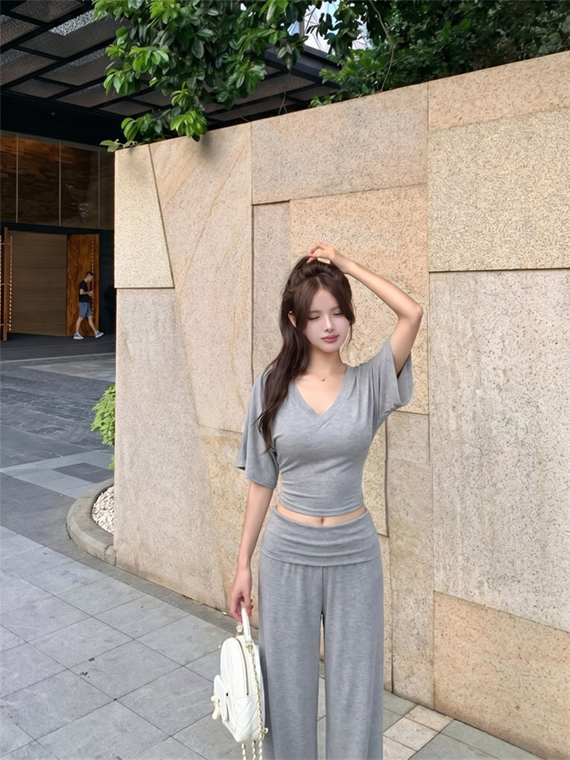 💕慵懶風V領收腰顯瘦蝙蝠袖上衣&直筒褲套裝