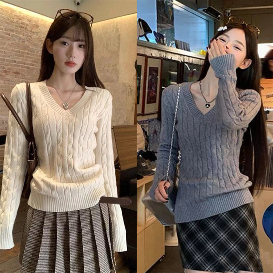💕韓系慵懶風V領麻花加厚寬鬆毛衣