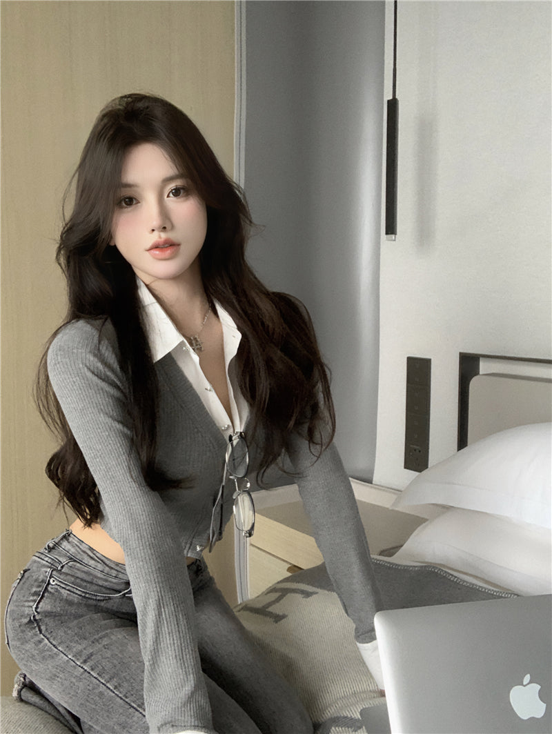 💕純御辣妹修身短款黑色假兩件長袖襯衫
