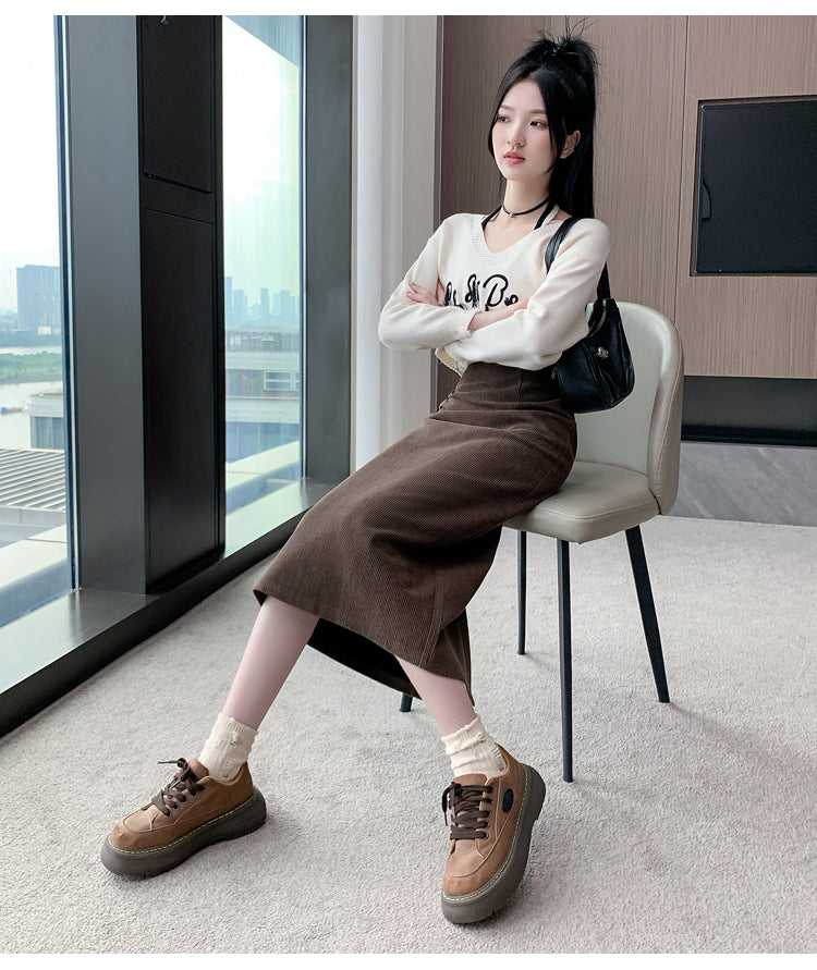 💕秋冬溫柔燈心絨中長A字包臀半身裙