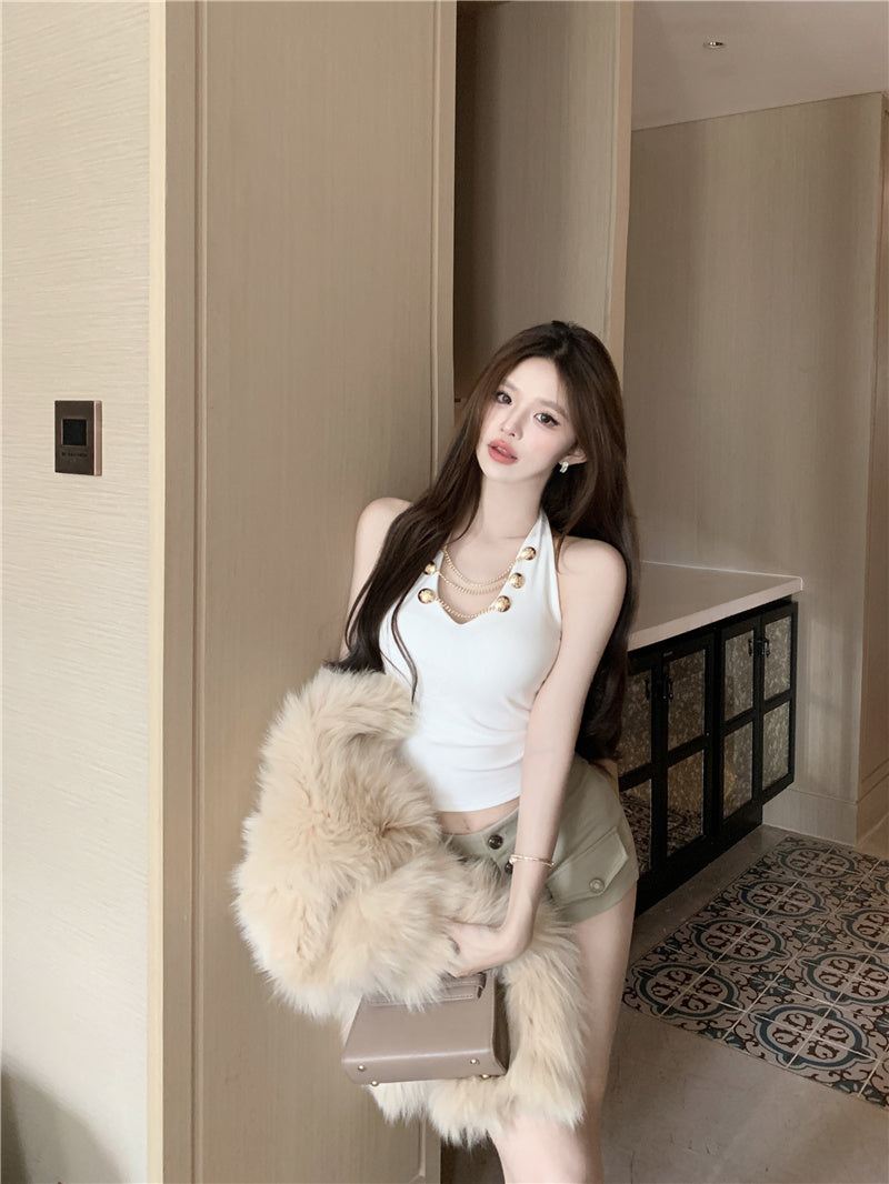 💕V領掛脖吊帶短版絕美上衣